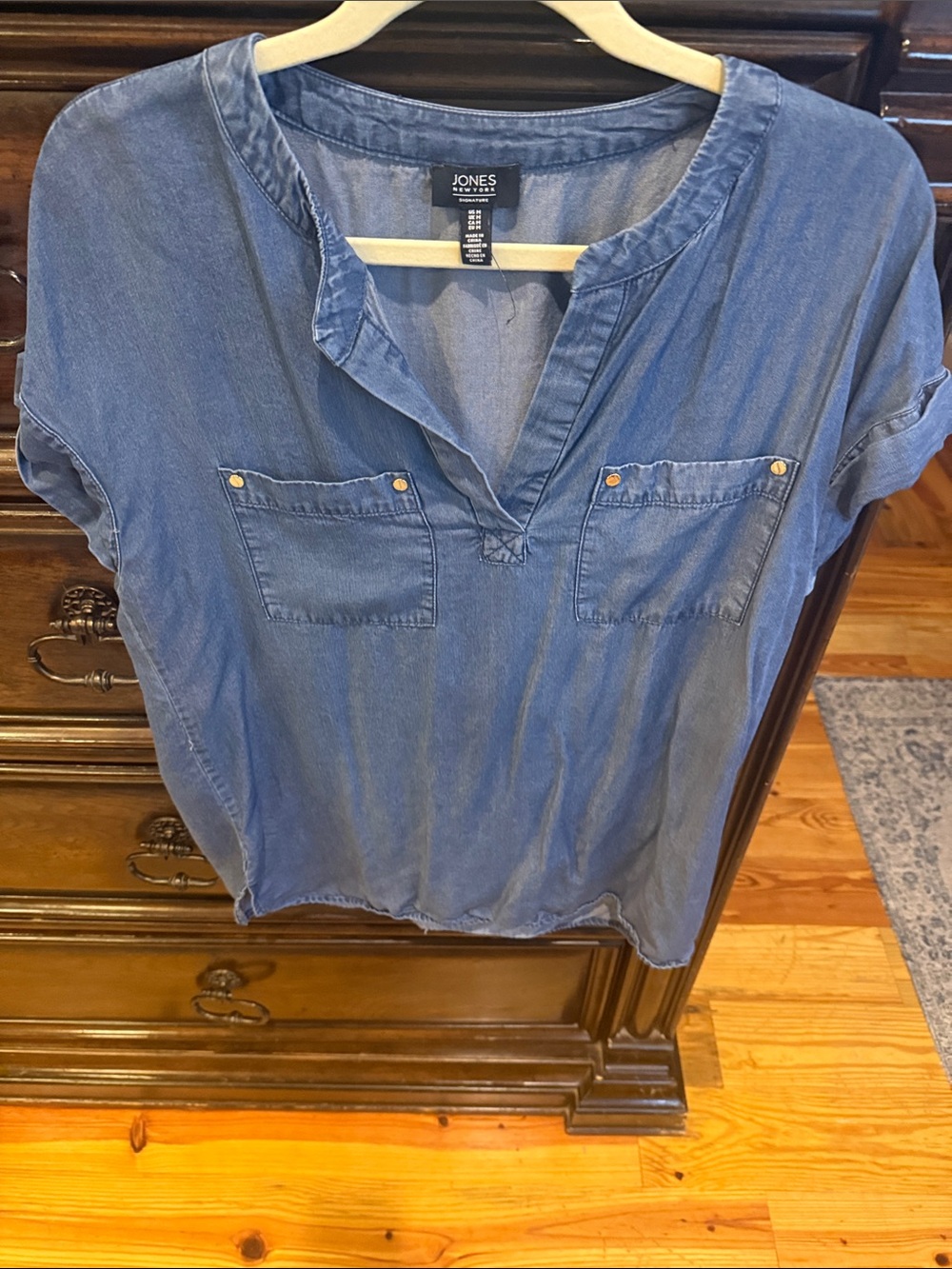 Jones New York Blue Chambray Split-Neck Shirt